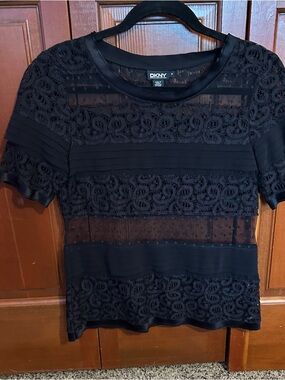 DKNY Black Lace & Sheer Panel Short Sleeve Top